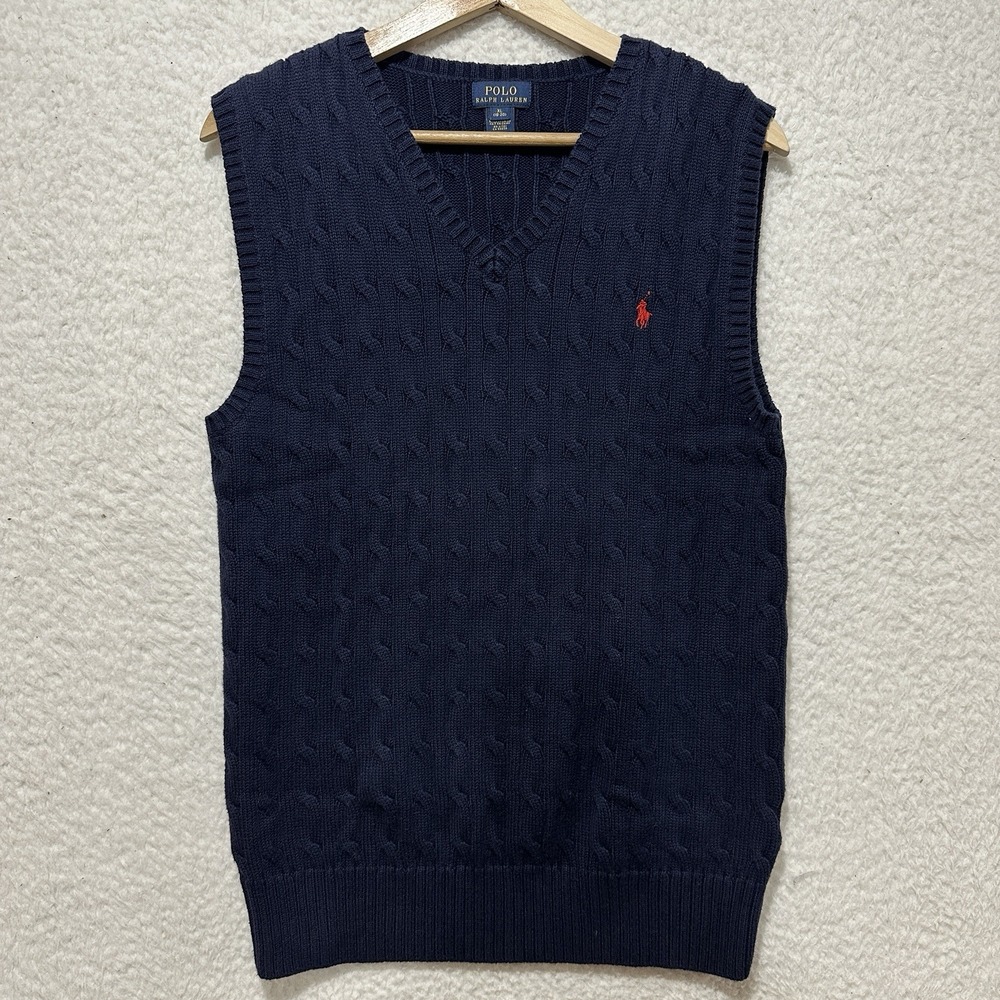Polo Ralph Lauren Navy Blue Cable Knit V Neck Vest Pony Logo BOYS XL (18-20)